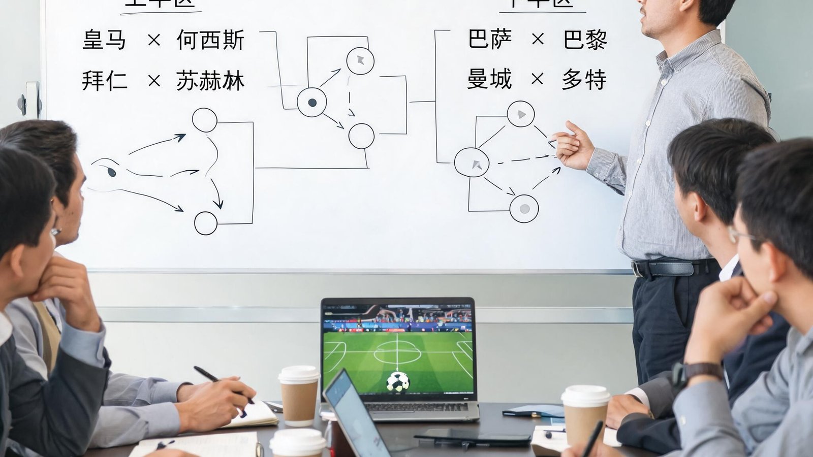 团队正在召开欧冠八强对阵分析会，白板上画着战术示意图
