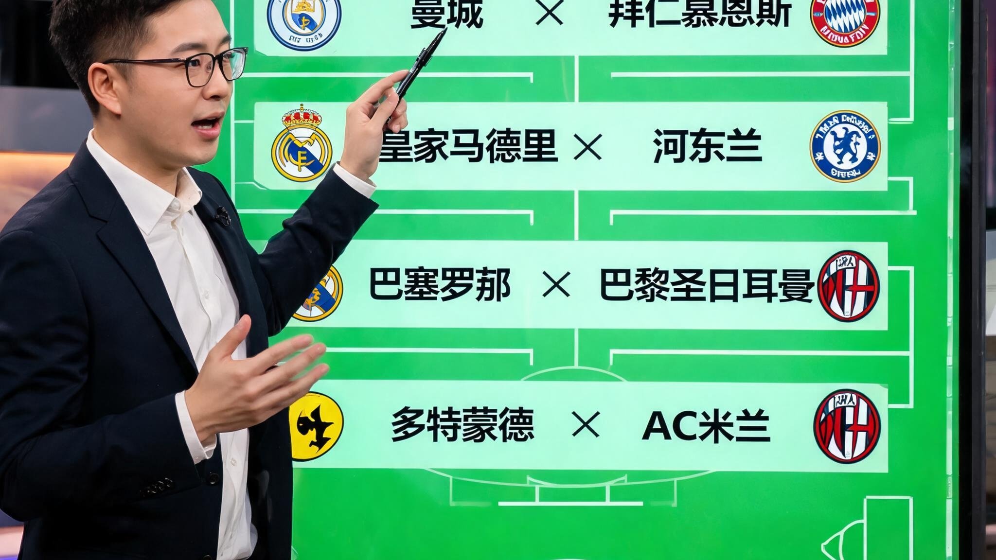 足球分析师在战术板前讲解欧冠八强对阵形势